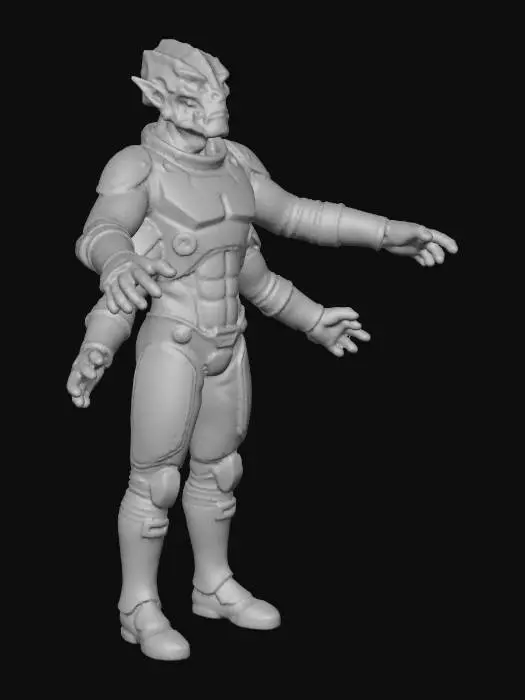 3D model for Create an alien in space suit in No Mans Sky motif. Space suit have green and white color. No helmet. Art style: No Man's Sky.