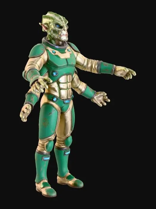 3D model for Create an alien in space suit in No Mans Sky motif. Space suit have green and white color. No helmet. Art style: No Man's Sky.