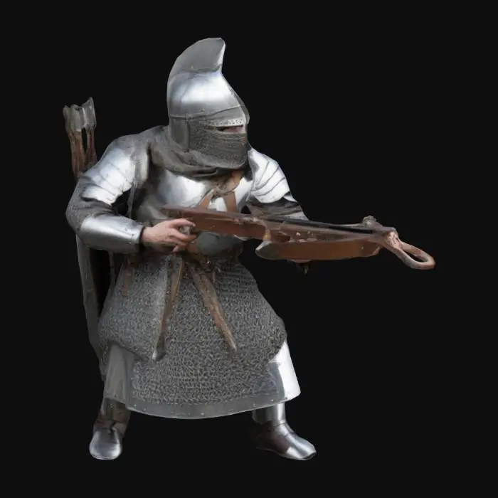 3D model for medieval crossbowman, he is wearing chainmail armor and helmet, empty hands