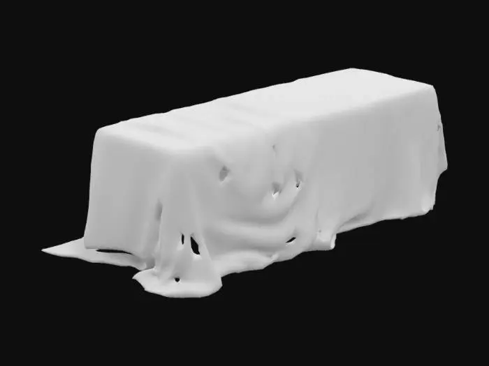 3D model for uma mesa retangular de 3metros por 1,20 com muito tecido offwhite retorcido e sobreposto um com o outro fazendo um emaranhado de toalhas