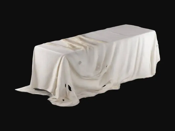 3D model for uma mesa retangular de 3metros por 1,20 com muito tecido offwhite retorcido e sobreposto um com o outro fazendo um emaranhado de toalhas