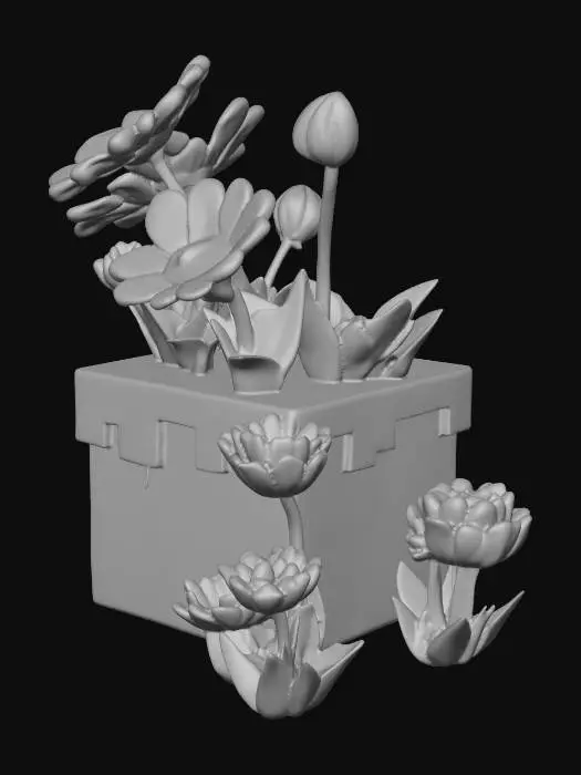 3D model for 마인크래프트 스타일의 땅 블록을 만들어줘, 근데 블록에 꽃이 피어있으면 좋겠어