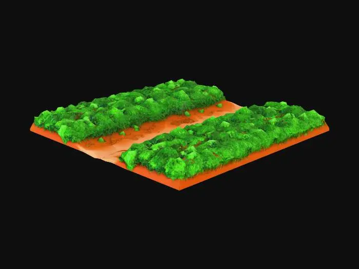 3D model for Mid-poly terrain tile 10x10 meters square, PERFECTLY STRAIGHT 
brown worn earth path exactly 4 meters wide, path runs in a 
VERTICAL LINE from top edge to bottom edge directly through 
the EXACT CENTER of the tile, bright green grass fills the 
left 3 meters, bright green grass fills the right 3 meters, 
path is ALIGNED NORTH TO SOUTH, flat level surface, clear 
sharp edge between dirt and grass, seamless edges for grid 
tiling, game-ready asset, top-down view