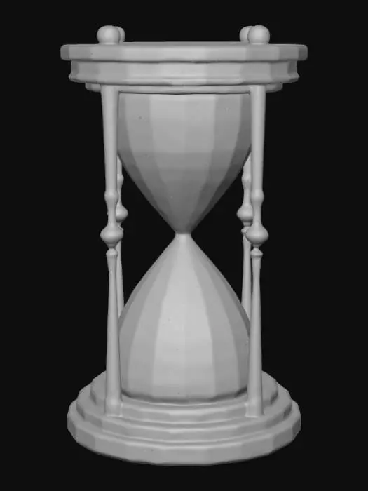 3D model for A massive ancient hourglass rising from a desert of glowing sand dunes, surreal lighting, digital glitch textures in the glass, ethereal atmosphere, realistic 3D model, cinematic scale, detailed geometry, artistic lighting