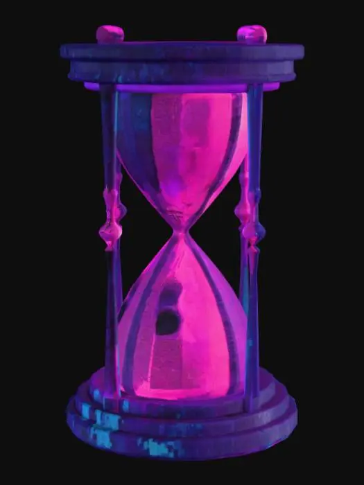 3D model for A massive ancient hourglass rising from a desert of glowing sand dunes, surreal lighting, digital glitch textures in the glass, ethereal atmosphere, realistic 3D model, cinematic scale, detailed geometry, artistic lighting