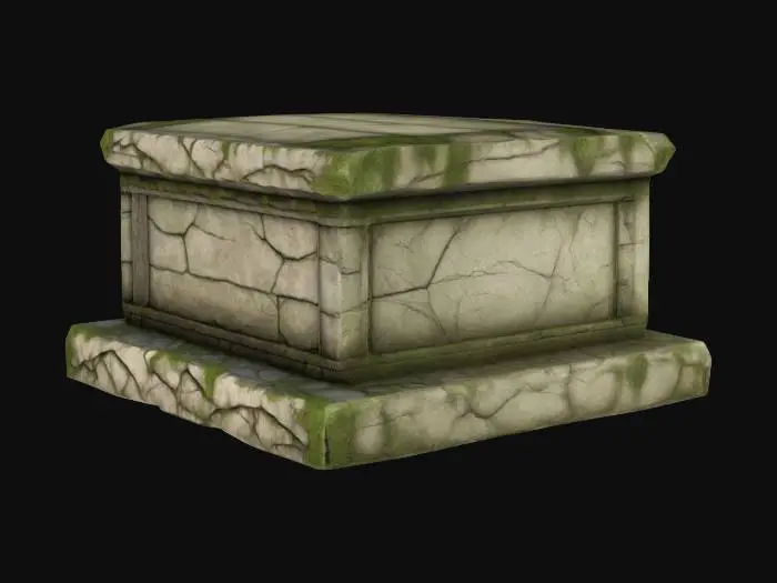 3D model for "Low-poly ancient rectangular podium with a weathered, aged look. Made of stone or old wood, with cracks, carvings, and worn edges. Subtle moss, dust, or faded engravings add character. Sturdy and flat surface, perfect for placing objects. Mystical yet practical, fitting for fantasy or historical settings. Muted, earthy tones for an immersive, old-world feel."