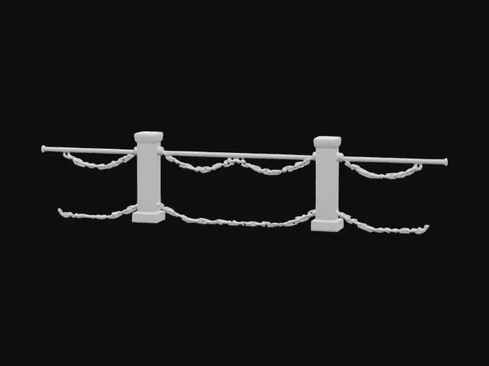 3D model for "Low-poly harbor railing with brick pillars and metal chains. The bricks have a slightly worn texture in reddish-brown tones, while the heavy metal chains hang slightly and have a dark, weathered patina. Optimized for real-time rendering in virtual environments."