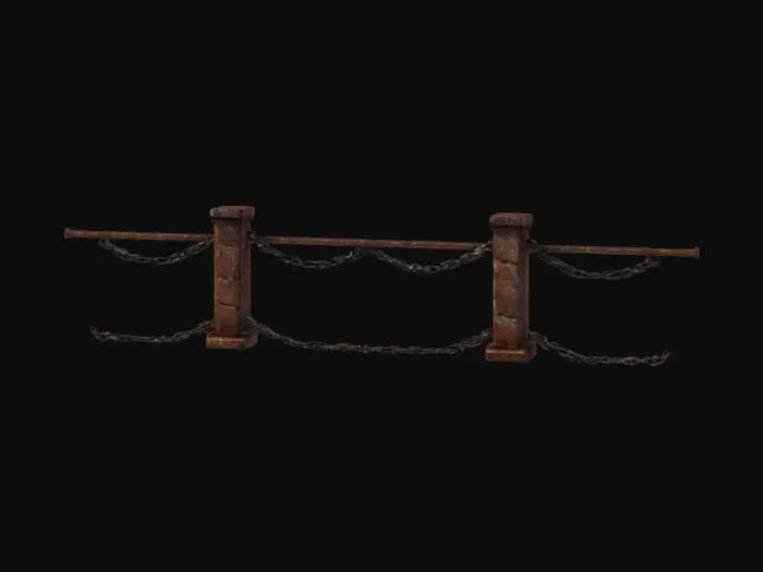 3D model for "Low-poly harbor railing with brick pillars and metal chains. The bricks have a slightly worn texture in reddish-brown tones, while the heavy metal chains hang slightly and have a dark, weathered patina. Optimized for real-time rendering in virtual environments."