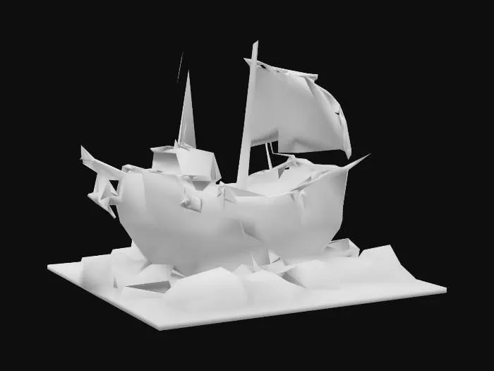 3D model for Create a 3D model of an old, stranded pirate ship wedged between jagged coastal rocks. The ship should have a worn wooden hull with visible planks and aged textures. A tattered red-and-white striped pirate flag flutters at the bow, featuring a faded skull emblem. Barrels, ropes, and basic deck structures suggest a long-abandoned look. The ship includes a small cabin in the rear, a simple mast with a damaged sail, and a rope ladder hanging from the side. One pirate figure sits casually on the railing, relaxed and slumped. Style: semi-realistic, with a weathered and playful fantasy touch. Materials: aged wood, cloth, stone, rope.