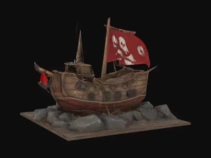 3D model for Create a 3D model of an old, stranded pirate ship wedged between jagged coastal rocks. The ship should have a worn wooden hull with visible planks and aged textures. A tattered red-and-white striped pirate flag flutters at the bow, featuring a faded skull emblem. Barrels, ropes, and basic deck structures suggest a long-abandoned look. The ship includes a small cabin in the rear, a simple mast with a damaged sail, and a rope ladder hanging from the side. One pirate figure sits casually on the railing, relaxed and slumped. Style: semi-realistic, with a weathered and playful fantasy touch. Materials: aged wood, cloth, stone, rope.