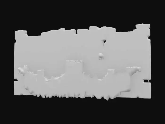 3D model for Highly detailed ancient modular wall crafted from weathered stone with deeply carved, intricate temple-like designs. Covered in green hieroglyphics and blue celestial symbols, the wall displays millennia of wear, with sections cracked and chipped, revealing forgotten, glowing runes, lightly covered in growing tree roots. The carvings include ornate, organic patterns intertwined with mystic shapes, and some panels feature ancient relics embedded within the stone. The surface has a worn, crumbling texture, emanating a mystical energy, as if untouched by time yet holding untold power