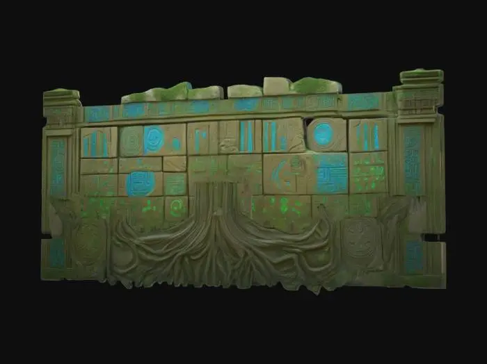 3D model for Highly detailed ancient modular wall crafted from weathered stone with deeply carved, intricate temple-like designs. Covered in green hieroglyphics and blue celestial symbols, the wall displays millennia of wear, with sections cracked and chipped, revealing forgotten, glowing runes, lightly covered in growing tree roots. The carvings include ornate, organic patterns intertwined with mystic shapes, and some panels feature ancient relics embedded within the stone. The surface has a worn, crumbling texture, emanating a mystical energy, as if untouched by time yet holding untold power