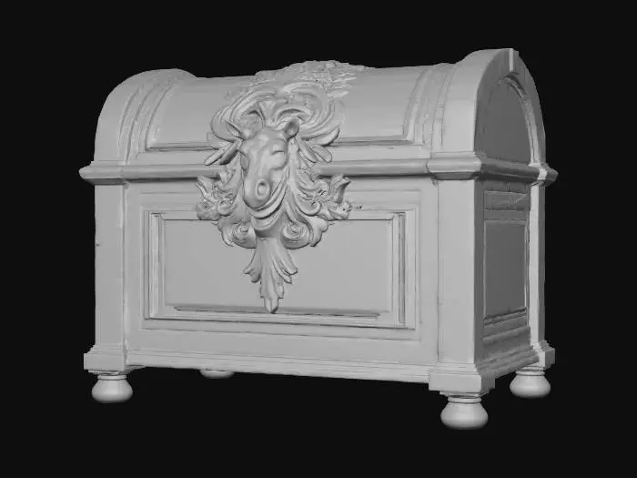3D model for Create a realistic 3D model of an elegant, closed wooden chest with a slightly eerie Halloween atmosphere.
The chest appears aged and mysterious, with a dark, rich wooden texture showing subtle wear and patina.
On the front, there is a finely detailed relief of a horse’s head — carved deeply into the wood, expressive, almost lifelike, as if watching you.
The design is sophisticated and old-fashioned, with no unnecessary ornaments, no shiny metal parts.
The lighting should feel dim and moody, like candlelight or moonlight, casting soft shadows that emphasize the horse relief.
The overall style should blend gothic elegance with a hint of haunting mystery — beautiful, timeless, and slightly unsettling.