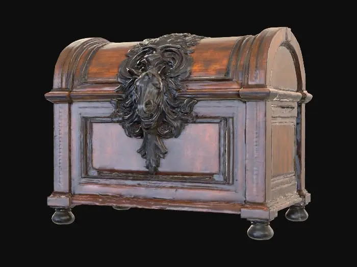 3D model for Create a realistic 3D model of an elegant, closed wooden chest with a slightly eerie Halloween atmosphere.
The chest appears aged and mysterious, with a dark, rich wooden texture showing subtle wear and patina.
On the front, there is a finely detailed relief of a horse’s head — carved deeply into the wood, expressive, almost lifelike, as if watching you.
The design is sophisticated and old-fashioned, with no unnecessary ornaments, no shiny metal parts.
The lighting should feel dim and moody, like candlelight or moonlight, casting soft shadows that emphasize the horse relief.
The overall style should blend gothic elegance with a hint of haunting mystery — beautiful, timeless, and slightly unsettling.