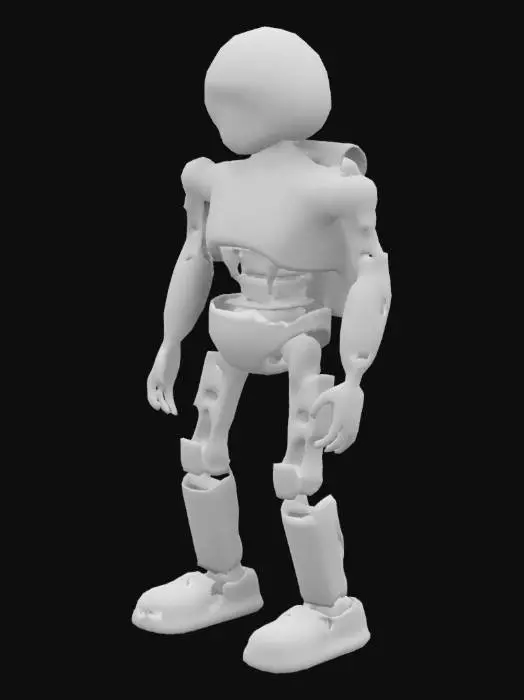 3D model for A test crash dummy in its yellow color, standing on a stone pedestal. The dummy is positioned as if ready for impact, with a neutral expression and lifelike proportions, giving the impression of being in a dynamic pose.
