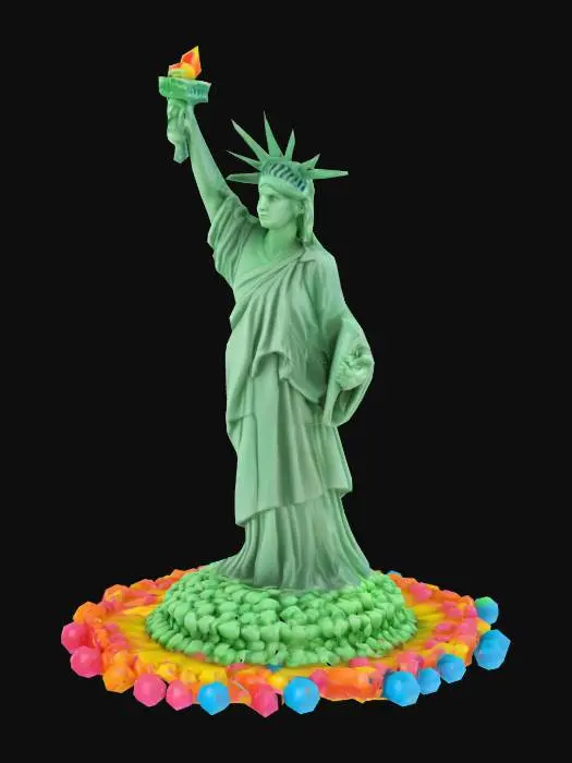 3D model for erstelle die freiheitsstatur im animationsstil  die aus bunten kaugummikugeln gebaut wurde 
