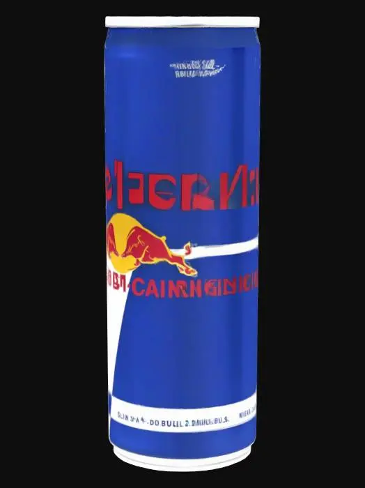 3D model for Create a 3D model of a realistic Red Bull energy drink can. The can should be slim, cylindrical, and made of brushed aluminum with a slightly reflective surface. Include accurate branding: the iconic blue and silver color scheme split vertically, the Red Bull logo with two red bulls charging at a yellow sun, and clear typography. Add details like a pull-tab on the top, slight dents or condensation droplets for realism, and a subtle metallic texture. The can should appear unopened and life-sized. Style: photorealistic, suitable for product visualization or advertising renders. No background or environment needed—just the can.