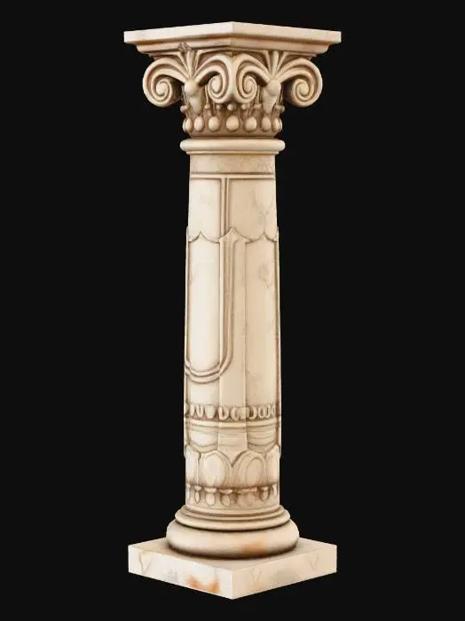 3D model for Create a short, ancient stone pillar with a weathered, textured surface. The pillar should feature intricate carvings around a central empty shield space. The stone should look aged with visible wear, giving it a timeless, noble appearance. The top of the pillar should have a slightly curved, ornamental edge, while the base is solid and sturdy. The overall design should convey a sense of history and craftsmanship, with a focus on the ornate details surrounding the shield area, without any symbols or designs inside the shield.