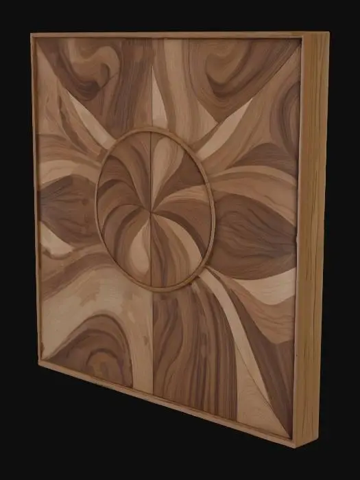 3D model for Design a premium, artistic wood wall panel inspired by handcrafted veneer work like elegant furniture‑grade wall panels. Feature a smooth wooden surface with a creative abstract motif reminiscent of organic broken‑heart or flowing geometric patterning, using rich wood tones and natural grain characteristics. Include subtle relief and depth but keep a sleek, refined quality with warm, waxed wood finish. Suitable for interior wall decoration with a flowing, continuous pattern that could be extended horizontally or vertically. Render a realistic 3D model with detailed wood texture, soft lighting highlighting natural wood grain, and smooth transitions without harsh edges.