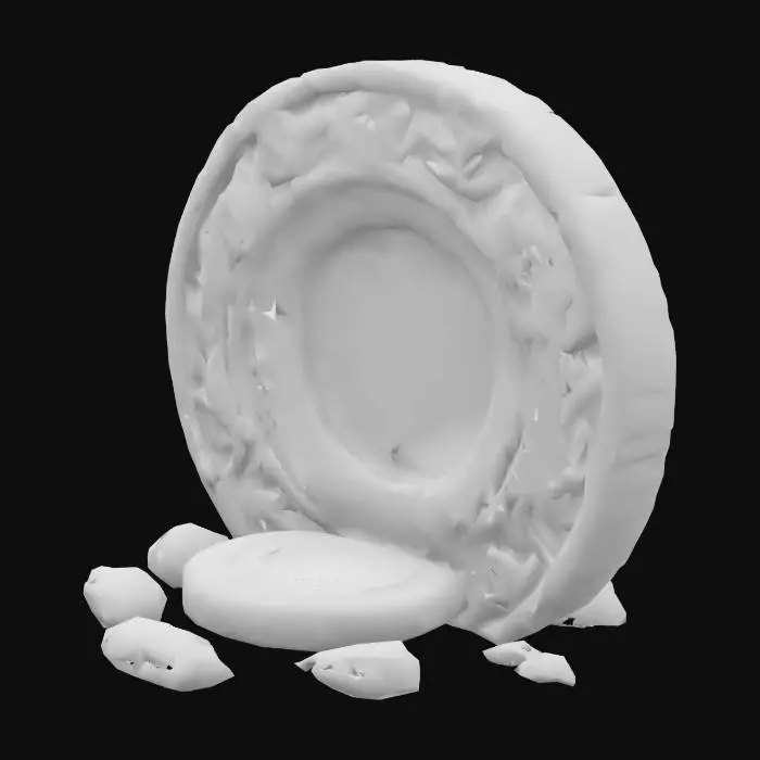 3D model for A stylized, Celtic-inspired magic portal. The portal is circular, made of ancient stone, with intricate Celtic knot carvings engraved around the outer ring. The stone surface has subtle signs of age and weathering, adding to its mystic aura. In the center, a swirling magical energy field glows with shades of blue, green, and silver—like a misty vortex. The ground around the base is slightly raised, with rune-etched stones forming a ritual platform. Magical particles and light rays emanate from the center. The design focuses on the geometric beauty of Celtic patterns with no organic elements. Lighting: soft ambient light with a slight mystical glow. High detail, hand-painted stylized textures, ideal for fantasy animation or game environments.