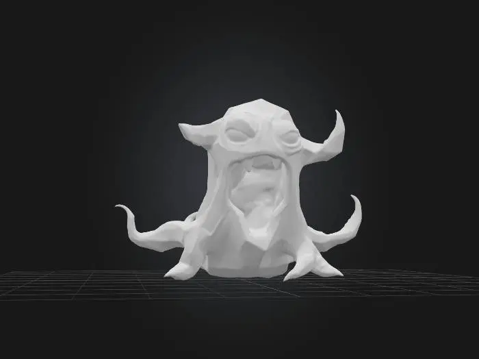 3D model for A high-polygon slime creature, resembling a dark, translucent pudding monster, shimmers with a viscous, wobbly form. Its semi-transparent, gelatinous body subtly reveals a murky, swirling internal core, hinting at an ominous presence. The texture is incredibly smooth and glossy, with internal light refractions. Two narrow, menacing eyes, glowing with an unsettling hue, pierce its surface, giving it a predatory, unfriendly appearance as its amorphous shape shifts.