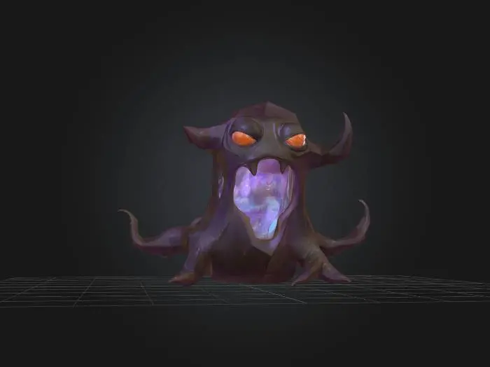 3D model for A high-polygon slime creature, resembling a dark, translucent pudding monster, shimmers with a viscous, wobbly form. Its semi-transparent, gelatinous body subtly reveals a murky, swirling internal core, hinting at an ominous presence. The texture is incredibly smooth and glossy, with internal light refractions. Two narrow, menacing eyes, glowing with an unsettling hue, pierce its surface, giving it a predatory, unfriendly appearance as its amorphous shape shifts.