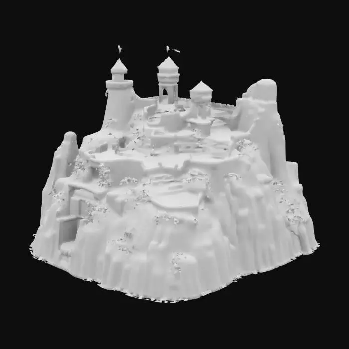 3D model for Generate a detailed 3D tower defense map set in a fantasy environment. Large platform with a clearly defined winding path for enemy movement, set in a mystical landscape with natural and magical elements. Include strategic tower placement spots along the path, marked with subtle glowing runes or magical platforms.  The color palette should include deep greens, earthy browns, and soft blues, with glowing magical accents. Path is visually clear but naturally integrated into the terrain. 