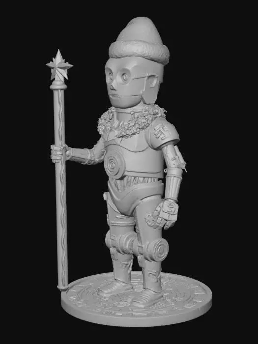 3D model for Wygeneruj obraz C3PO w wersji światecznej, zależy mi żeby był możliwy do druku 3d 
nie używaj lampek, do jednej reki dodaj laske św mikołaja