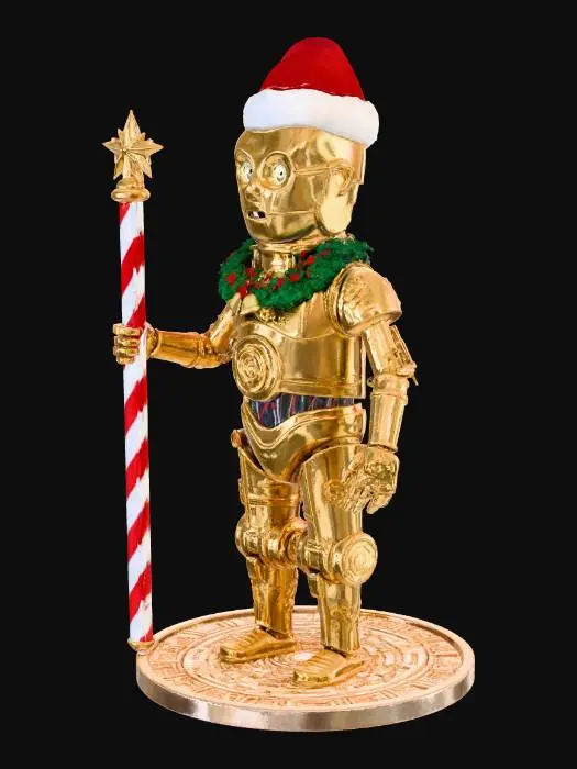 3D model for Wygeneruj obraz C3PO w wersji światecznej, zależy mi żeby był możliwy do druku 3d 
nie używaj lampek, do jednej reki dodaj laske św mikołaja