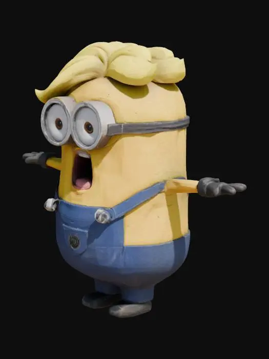 3D model for Donald Trump stylised as a minion character, pay special attention to the hair style, standing in t-pose with mouth open