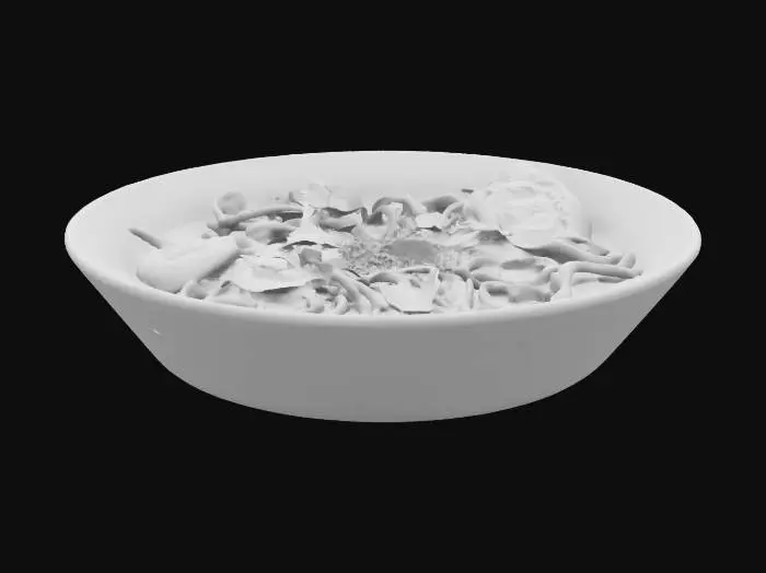 3D model for A delicious bowl of noodles with rich broth, garnished with fresh herbs, sliced green onions, chili flakes, and a soft-boiled egg. The noodles are coated in a flavorful sauce with a hint of garlic and sesame oil, served in a beautifully crafted ceramic bowl."*  

