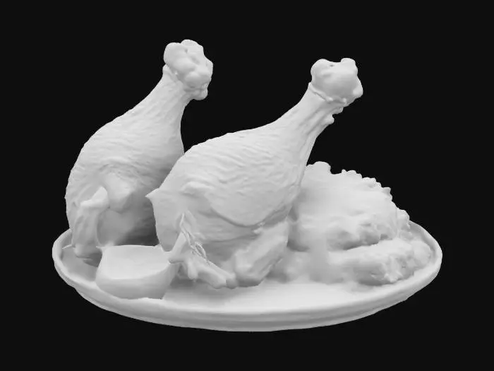 3D model for A plate of golden-brown roasted chicken drumsticks, crispy on the outside and juicy inside, garnished with fresh rosemary and thyme. Served with buttery mashed potatoes, roasted garlic, and a drizzle of rich gravyA plate of golden-brown roasted chicken drumsticks, crispy on the outside and juicy inside, garnished with fresh rosemary and thyme. Served with buttery mashed potatoes, roasted garlic, and a drizzle of rich gravy