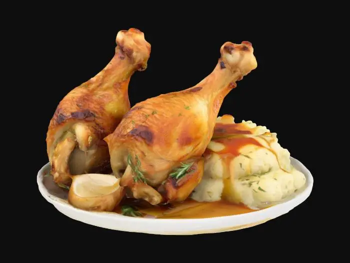 3D model for A plate of golden-brown roasted chicken drumsticks, crispy on the outside and juicy inside, garnished with fresh rosemary and thyme. Served with buttery mashed potatoes, roasted garlic, and a drizzle of rich gravyA plate of golden-brown roasted chicken drumsticks, crispy on the outside and juicy inside, garnished with fresh rosemary and thyme. Served with buttery mashed potatoes, roasted garlic, and a drizzle of rich gravy