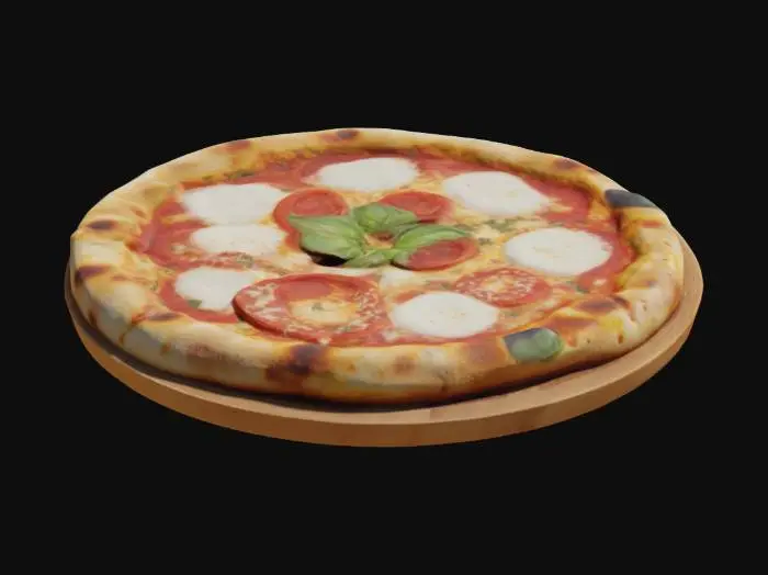 3D model for A freshly baked pizza with a golden, crispy crust, covered in gooey melted mozzarella cheese and spicy pepperoni slices. Garnished with fresh basil and a sprinkle of parmesan, served hot and ready to eat.