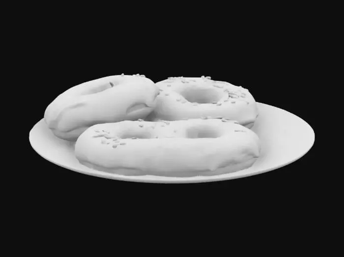 3D model for A plate of freshly baked donuts covered in glossy pink, blue, and chocolate glaze, sprinkled with colorful rainbow toppings. The soft, fluffy dough peeks out beneath the glaze, making them look irresistibly delicious