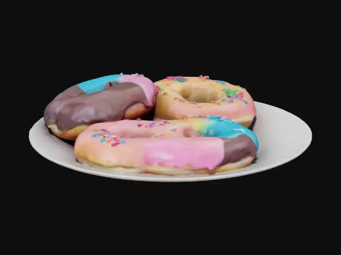 3D model for A plate of freshly baked donuts covered in glossy pink, blue, and chocolate glaze, sprinkled with colorful rainbow toppings. The soft, fluffy dough peeks out beneath the glaze, making them look irresistibly delicious