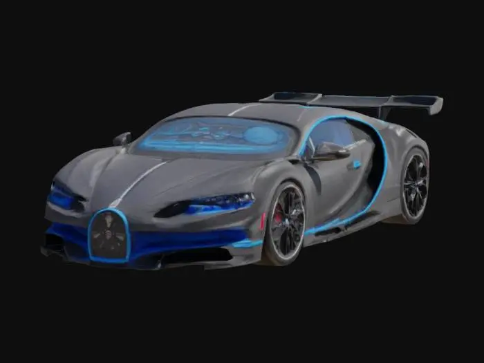 3D model for A luxurious supercar, the Bugatti Chiron combines speed and elegance. Its aerodynamic carbon fiber body with sleek lines highlights its performance. The glossy black finish and bold blue accents showcase Bugatti's iconic style. Distinctive 20-inch Y-shaped wheels and sharp LED headlights define its look. A glowing LED light strip and active spoiler at the rear add both appeal and aerodynamics.