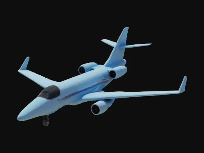 3D model for Ein futuristisches Passagierflugzeug mit schlankem, silberblauem Rumpf und leicht gebogenen Tragflächen mit leuchtenden LED-Streifen. Dunkle Cockpitfenster und zwei elegante Turbinen in Schwarz-Silber verleihen Stil. Der Hintergrund zeigt einen klaren, blauen Himmel mit zarten Wolken