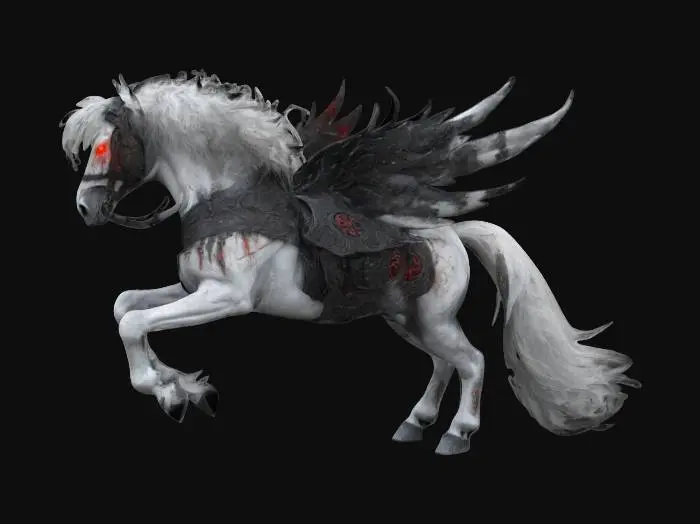 3D model for Subject: white Horse of the Apocalypse, an ominous warhorse embodying doom and destruction.
Style: Dark fantasy, mythological, and heavily detailed.
Material: Shadow-infused white armor with engraved ancient runes, glowing crimson eyes, ethereal mist mane and tail.
Details: A towering, muscular warhorse clad in cracked, battle-worn black armor adorned with mystical engravings. Its eyes burn with an eerie crimson glow. The mane and tail flow like living shadow mist, moving as if sentient.