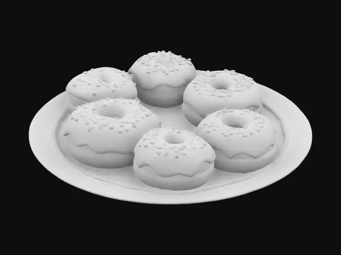 3D model for A plate of freshly baked donuts covered in glossy pink, blue, and chocolate glaze, sprinkled with colorful rainbow toppings. The soft, fluffy dough peeks out beneath the glaze, making them look irresistibly delicious