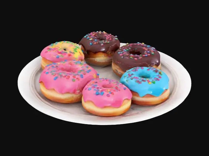 3D model for A plate of freshly baked donuts covered in glossy pink, blue, and chocolate glaze, sprinkled with colorful rainbow toppings. The soft, fluffy dough peeks out beneath the glaze, making them look irresistibly delicious