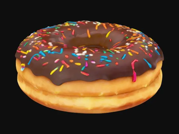 3D model for one freshly baked donut covered in glossy chocolate glaze, sprinkled with colorful rainbow toppings. The soft, fluffy dough peeks out beneath the glaze, making it look irresistibly delicious
