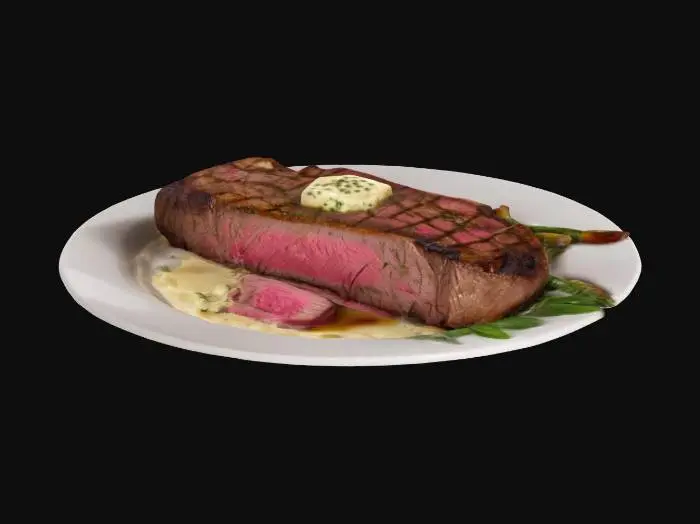 3D model for Luxuriöses Steak, perfekt gegrillt, goldbraune Kruste, saftiger rosa Kern, Kräuterbutter, edle Beilagen.