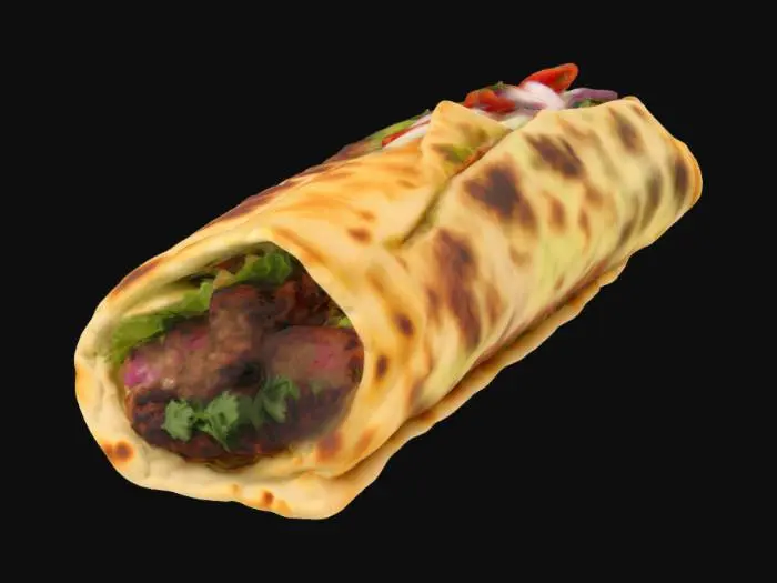 3D model for Ein goldbraun getoasteter Dürüm mit saftig gewürztem Fleisch, frisch vom Drehspieß, eingerollt in weichem Fladenbrot. Dazu kommen knackiger Salat, frische Tomaten, rote Zwiebeln und cremige Knoblauch- oder Joghurtsauce. Ein Hauch Chili- oder Kräutersauce sorgt für die perfekte Schärfe. Abgerundet mit Koriander oder Petersilie, um den Geschmack zu verfeinern. Der Dürüm ist einfach unwiderstehlich – perfekt für jeden Hunger