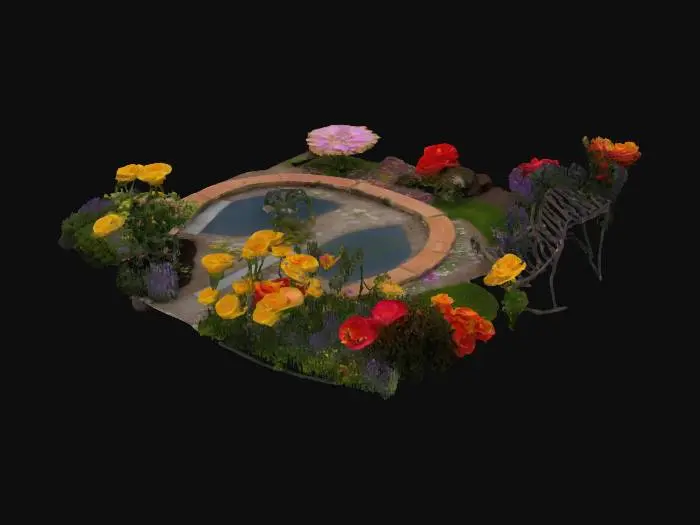 3D model for Ein idyllischer kleiner Garten, in dem bunte Rosen, Tulpen und Gänseblümchen in allen Farben blühen. Ein glitzernder Teich mit sanft plätscherndem Wasser spiegelt das Licht der Sonne wider. Feine Kieswege schlängeln sich durch üppiges Grün, umgeben von duftendem Lavendel und zarten Farnen. An ruhigen Ecken stehen rustikale Bänke, umgeben von Schmetterlingen und summenden Bienen. Der Garten strahlt eine friedliche, fast magische Atmosphäre aus., #garden#