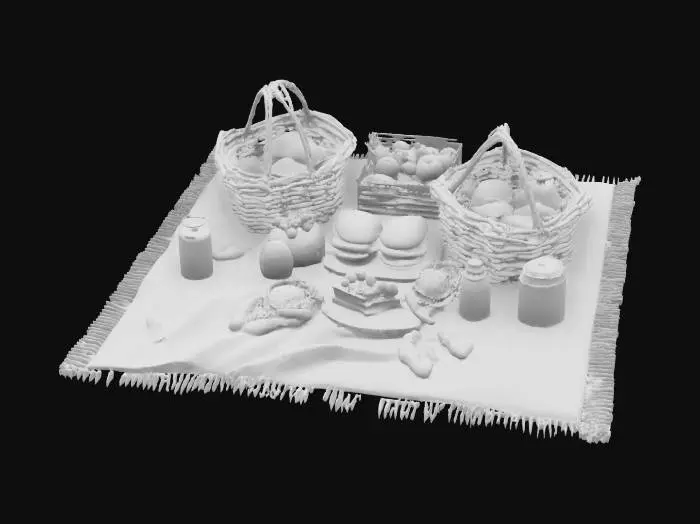3D model for Ein gemütlicher Picknickplatz auf einer grünen Wiese mit einer weichen Decke. Darauf liegen Körbe mit frischen Sandwiches, gefüllt mit Käse, Gemüse und etwas Senf. Saftige Äpfel, süße Erdbeeren und Trauben sind ebenfalls dabei, zusammen mit knusprigen Crackern und würzigem Käse. Gläser mit Limonade und Eistee sorgen für Erfrischung. Eine leichte Brise weht, während Schmetterlinge umherfliegen – der perfekte Ort zum Entspannen., #garden#