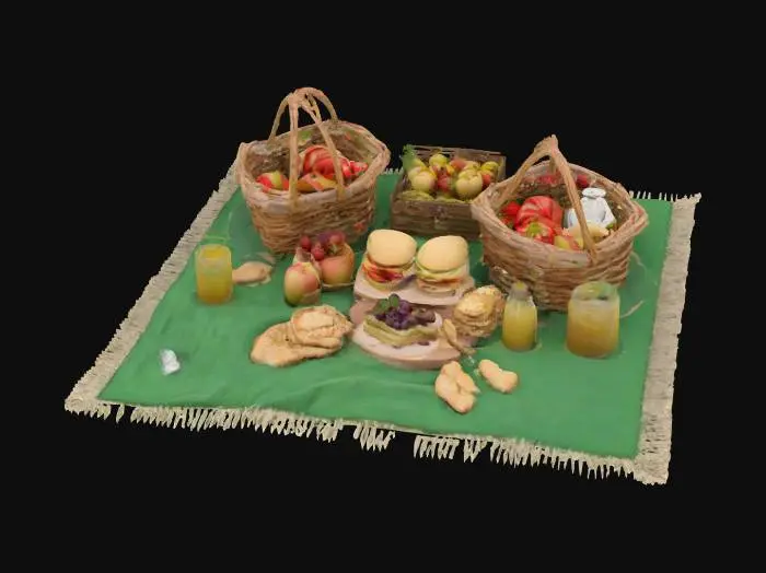 3D model for Ein gemütlicher Picknickplatz auf einer grünen Wiese mit einer weichen Decke. Darauf liegen Körbe mit frischen Sandwiches, gefüllt mit Käse, Gemüse und etwas Senf. Saftige Äpfel, süße Erdbeeren und Trauben sind ebenfalls dabei, zusammen mit knusprigen Crackern und würzigem Käse. Gläser mit Limonade und Eistee sorgen für Erfrischung. Eine leichte Brise weht, während Schmetterlinge umherfliegen – der perfekte Ort zum Entspannen., #garden#