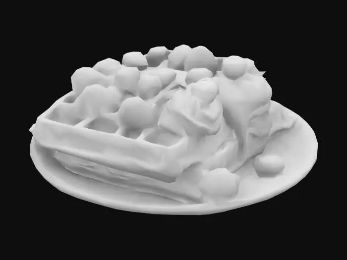 3D model for Auf einem weißen Teller liegen goldbraune Waffeln mit knuspriger Außenseite und fluffigem Inneren. In der Mitte thront eine luftige Sahnehaube, umgeben von glänzenden Blaubeeren und saftigen Himbeeren. Feine Striche goldenen Honigs ziehen sich darüber, glänzen im Licht und verleihen eine süße Note. Ein Hauch Puderzucker bestäubt alles wie feiner Schnee. Die perfekte Kombination aus knuspriger Wärme, fruchtiger Frische und cremiger Süße, sehr realistisch
