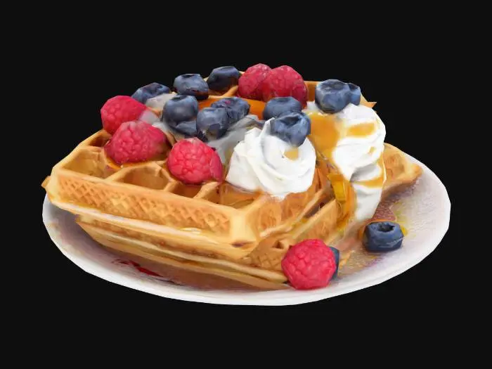 3D model for Auf einem weißen Teller liegen goldbraune Waffeln mit knuspriger Außenseite und fluffigem Inneren. In der Mitte thront eine luftige Sahnehaube, umgeben von glänzenden Blaubeeren und saftigen Himbeeren. Feine Striche goldenen Honigs ziehen sich darüber, glänzen im Licht und verleihen eine süße Note. Ein Hauch Puderzucker bestäubt alles wie feiner Schnee. Die perfekte Kombination aus knuspriger Wärme, fruchtiger Frische und cremiger Süße, sehr realistisch