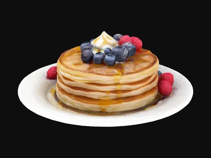 3D model for Auf einem weißen Teller liegen goldbraune Pfannkuchen mit knuspriger Außenseite und fluffigem Inneren. In der Mitte thront eine luftige Sahnehaube, umgeben von glänzenden Blaubeeren und saftigen Himbeeren. Feine Striche goldenen Honigs ziehen sich darüber, glänzen im Licht und verleihen eine süße Note. Ein Hauch Puderzucker bestäubt alles wie feiner Schnee. Die perfekte Kombination aus knuspriger Wärme, fruchtiger Frische und cremiger Süße, sehr realistisch